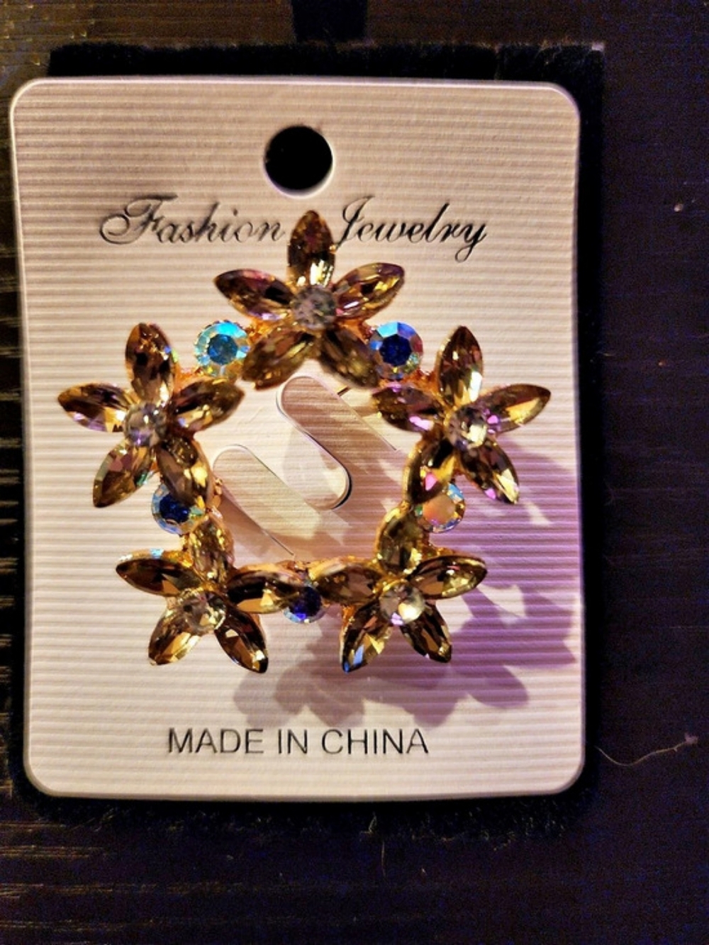 Floral Crystal Brooch in Brown & Gold